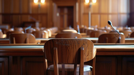 Showcase an image of a witness chair with a microphone in a courtroom setting
