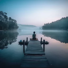 Fototapeten person meditating on the pier at sunset © Thomas