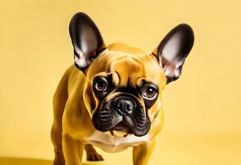 A minimalist composition featuring a playful and curious French Bulldog, captured against a vibrant yellow backdrop, showcasing the breed's charm and distinctive features.