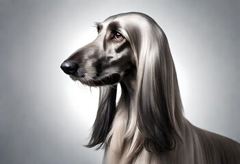 A modern and artistic composition featuring a sleek and elegant Afghan Hound against a solid silver...
