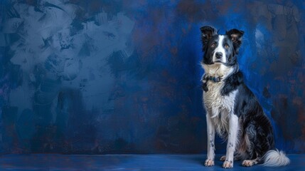 A curious Border Collie sitting against a deep indigo background, its intelligent eyes hinting at its keen herding instincts.