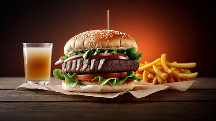 fresh prime chick patty angus or wagyu beef burger sandwich with flying ingredients and spices hot ready to serve and eat food commercial advertisement menu banner with copy space area