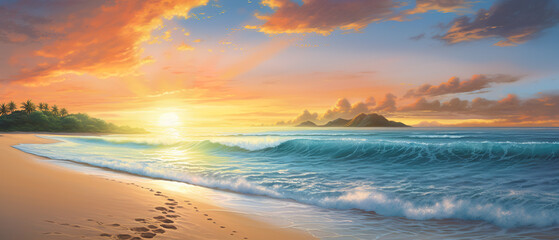 Naklejka na ściany i meble Captivating ultra-wide beach scene of a paradise beach at sunrise, a dreamy coastal landscape