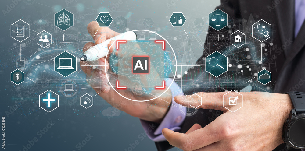 Poster man using tools ai. technology smart robot science and artificial intelligence technology, and innov