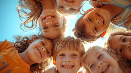 Circle of Joyful Children Under Blue Sky, vibrant group of children form a circle under a clear blue sky, their faces beaming with genuine smiles and laughter, sharing a moment of pure joy