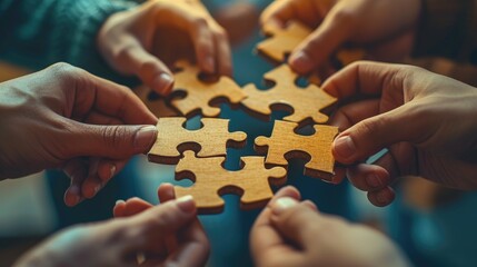 Team Solving Puzzle Together, group of hands joining puzzle pieces together, symbolizing teamwork, collaboration, and problem-solving in a warm, close-up shot