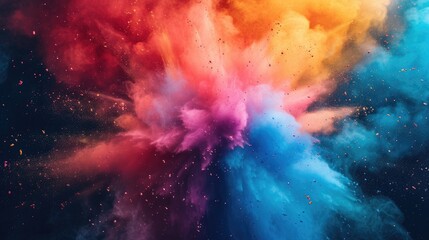 Cosmic Color Burst, vibrant explosion of rainbow-colored powder creates a dynamic and abstract cosmic spectacle, evoking energy and creativity - obrazy, fototapety, plakaty