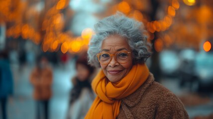 Obraz premium A graceful elderly lady with silver hair and glasses, wearing a warm yellow scarf, smiles gently on a city street adorned with golden lights, AI generated
