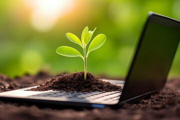 Amidst the keys of a laptop, a plant thrives, underscoring the transformative power of technology in fostering ecological balance. Reflecting the essence of carbon-efficient technology, this portrayal