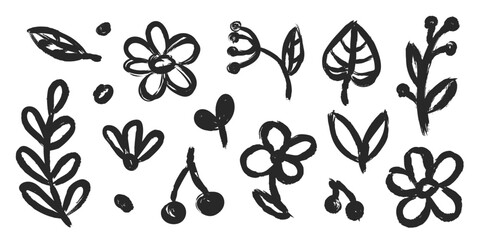 Floral doodle hand drawn with grunge brush texture. Vector simple flower, leaf brush stroke.