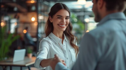Businesswoman Handshake Greeting, professional businesswoman with a warm smile extends a handshake, set against a modern office backdrop, symbolizing welcoming and collaboration - Powered by Adobe