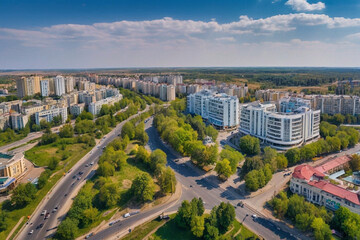 Obraz premium aerial drone photo shows the downtown panorama of Chisinau, showing several buildings and roads