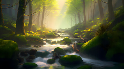 Forest landscape, exotic foggy forest