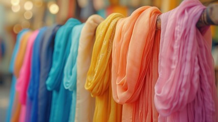 A display of spring sorbet-colored scarves fluttering in a gentle breeze at a market stall