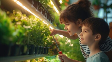 Siblings Exploring Indoor Home Garden, young girl and her brother curiously examine lush greenery in their indoor hydroponic garden, reflecting a moment of wonder and learning in a sustainable living 