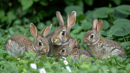 Obraz premium A family of rabbits with ears tipped in soft sorbet colors, nestled in spring grass