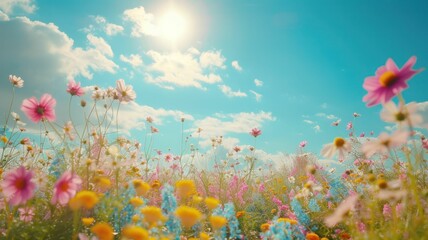 Fototapeta na wymiar A field of wildflowers, a sorbet spring color wave under the expansive sky