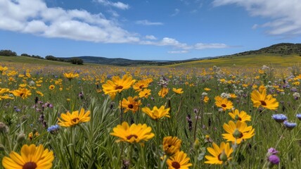 Wildflowers sweep across the field, a canvas of spring sorbet under open skies