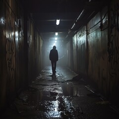 Fototapeta premium A lonely man walks at night along a dark, damp alley under overhead lighting. Loneliness.