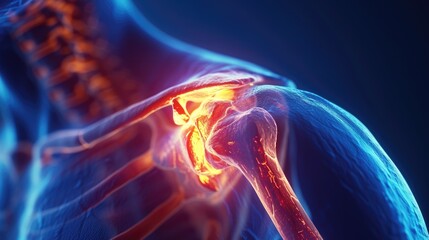 Human Shoulder Anatomy in Pain, detailed visualization of inflamed human shoulder joints highlighting areas of pain, set against a dark, abstract background