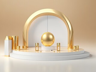 Podium background product advertisement backdrop studio 3D gold cosmetic platform natural beige display.