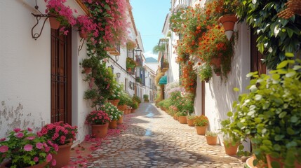 Idyllic Spanish Village Street, Charming narrow street adorned with vibrant flowers in a serene Spanish village, evoking a sense of tranquility - obrazy, fototapety, plakaty