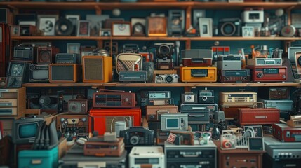 Vintage Electronics Array on Shelves, detailed assortment of retro electronics, including radios, cameras, and TVs, meticulously arranged on wooden shelves, evoking nostalgia