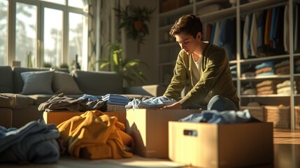 Teen Packing Clothes in Box, focused young boy thoughtfully organizes clothing into boxes, enveloped by the golden light of a serene, well-kept living space