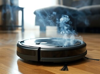 Obraz premium A robot vacuum cleaner that suddenly broke down, a vacuum cleaner emitting smoke.
