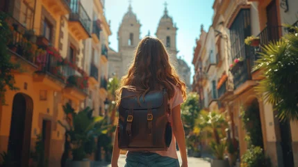 Foto op Canvas Backpacker Exploring Sunny Spanish Streets, Young backpacker tourist in solo travel. Vacation, holiday, trip © Anastasiia