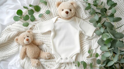 White cotton baby short sleeve bodysuit, toy teddy bear and eucalyptus branch on white ivory blanket throw background. Blank infant mockup template. Top view, advertising, banner - obrazy, fototapety, plakaty