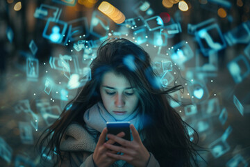 Woman texting her phone with technology holograph background