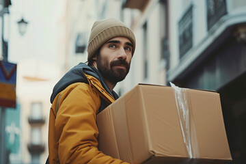 portrait of a delivery man carrying a box
