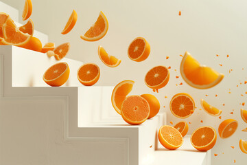 orange and slices orange falling of stair