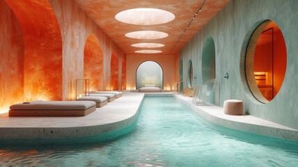 Obraz na płótnie Canvas An image of a tranquil spa with walls adorned in soothing gradient colors, from peach to mint green, enhancing the peaceful experience of the space, AI generated