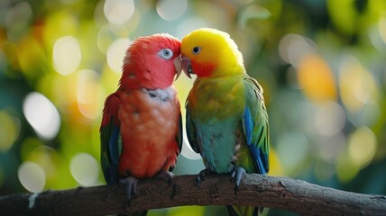 Couple parrots rest, cloaked in feathers that rival the spring's sorbet palette