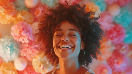 A person laughing amidst a spring sorbet backdrop, bathed in warm, soft light - obrazy, fototapety, plakaty