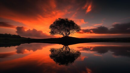 a tree is standing on the edge of the water during sunset