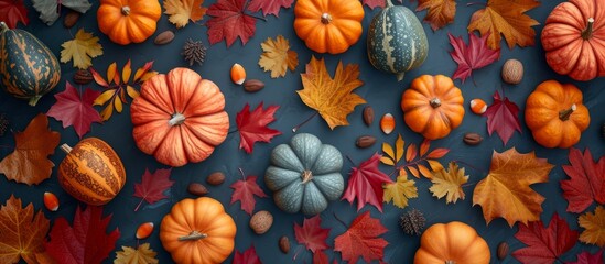 Fototapeta premium Variety of pumpkins and leaves on display.