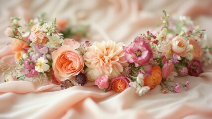 A sorbet spring inspired floral crown made of fresh garden blooms, resting on silk