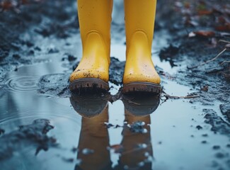 Baby in yellow boots standing in a muddy puddle, reflecting the surrounding wet ground.