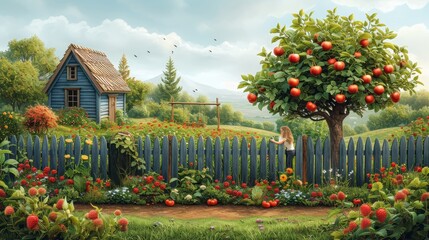 An apple tree, swings, chicken coop, garden beds, strawberries, and tomatoes are seen in this summer farm scene. - obrazy, fototapety, plakaty