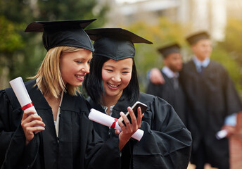Graduation, certificate and phone with student friends outdoor on campus for university or college...