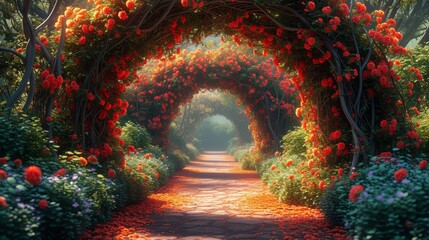 Flower arches and colorful greenery surround this beautiful fairytale garden. A beautiful digital painting background, illustration.