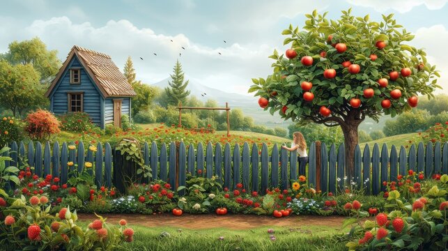 An apple tree, swings, chicken coop, garden beds, strawberries, and tomatoes are seen in this summer farm scene.
