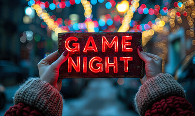 Hands holding a GAME NIGHT sign with bold red letters against a blurred background of multicolored lights, symbolizing fun, entertainment, and social gatherings