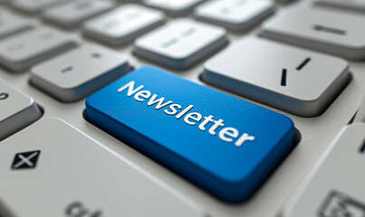 Distinctive blue newsletter key on a white keyboard highlighting digital communication and subscription in the modern electronic marketing era