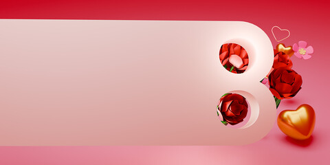 Women's Day background with 3d 8 number, hearts and flowers. 3d render.