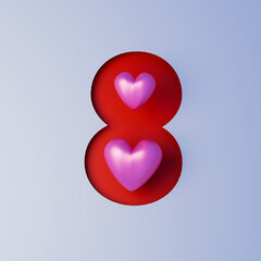 Women's Day background with 3d 8 number and heartss. 3d render.