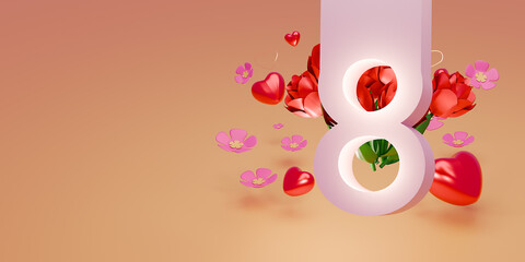 Women's Day background with 3d 8 number, hearts and bouquet of flowers. 3d render.